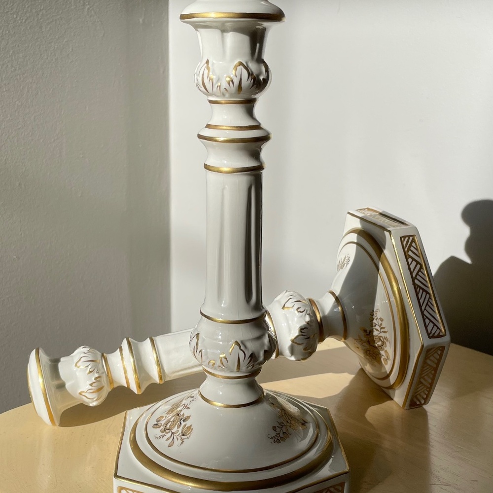 Ceramic Candlesticks  Cream with gold accent. Made in Italy.